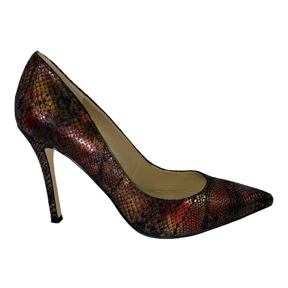 BCBGeneration Treasure Red Gold Leather Snake Print Heel Pointy Toe Pump sz 7.5 - Picture 1 of 13